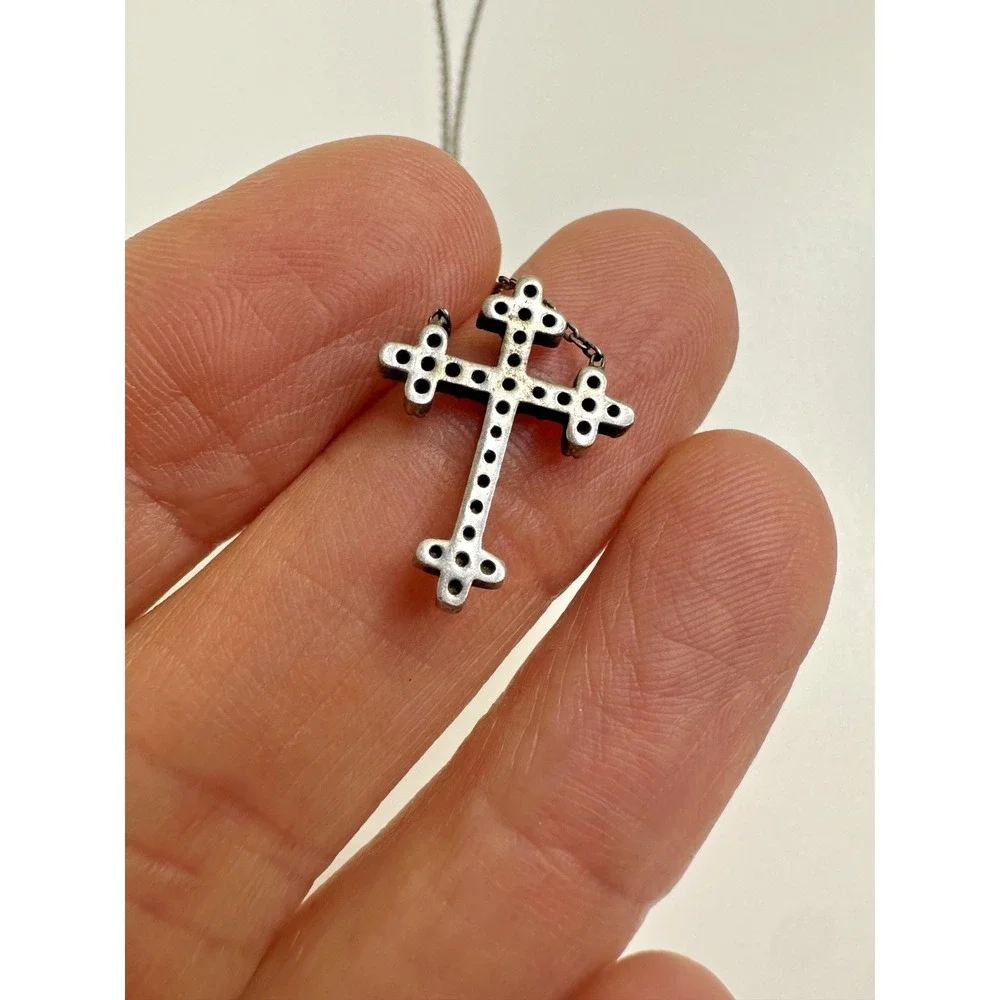 Sterling Silver Necklace‎ Cross Pendant Diamond Chips Italy Religious Adjustable